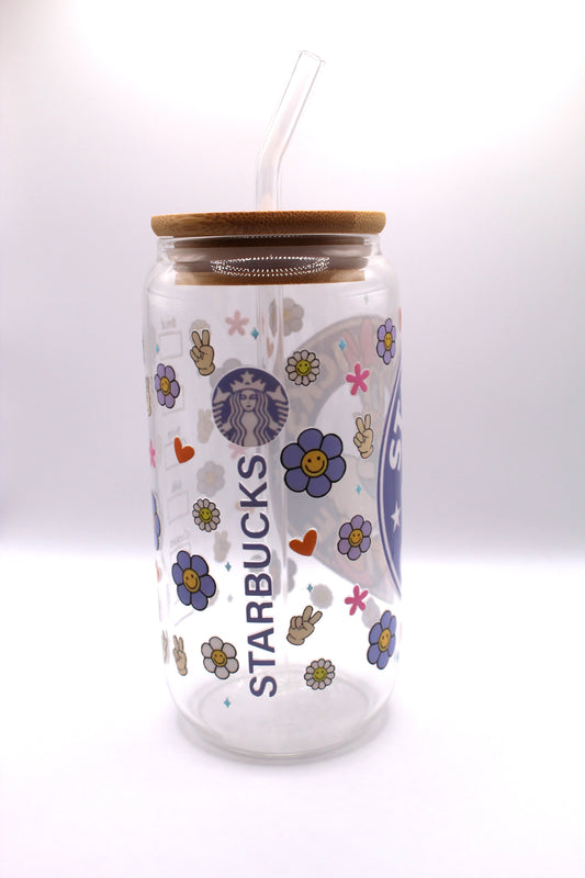Vaso de cristal - Diseño Daisy Starbucks con tapa