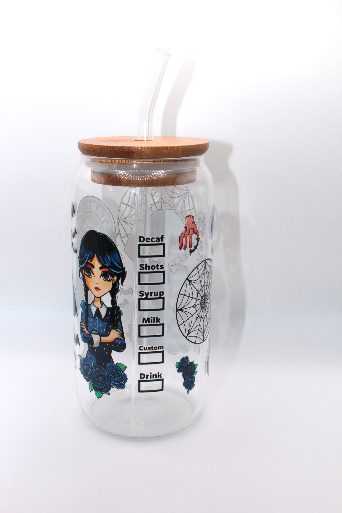 Vaso de cristal - Diseño Miércoles Addams Starbucks con tapa