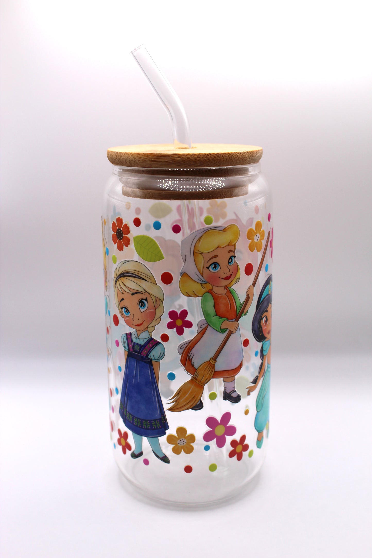 Vaso de cristal - Diseño Princesas con tapa